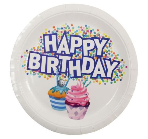 Lėkštės vienkartinės popierinės HAPPY BIRTHDAY 23 cm (10 vnt.)