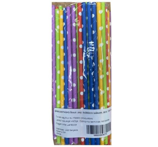 Šiaudeliai popieriniai taškuoti MIX 6x200 mm ( 100 vnt. )