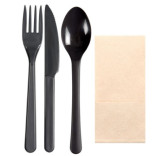 Įrankių rinkinys juodas ( šaukštas + šakutė + peilis + servetėlė ) 50 vnt.